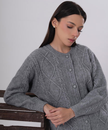 Classic Grey Cable-Knit Button Cardigan