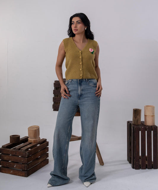 Olive Bloom Buttoned Knit Vest