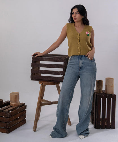 Olive Bloom Buttoned Knit Vest