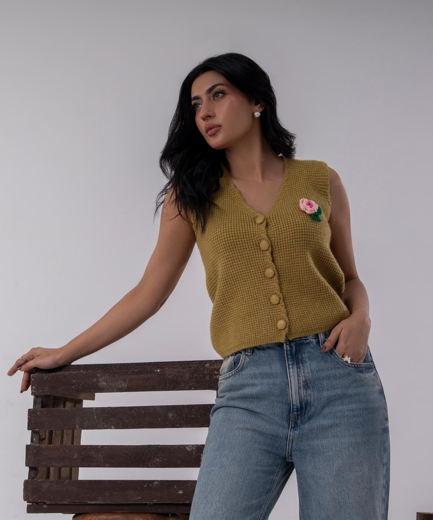 Olive Bloom Buttoned Knit Vest