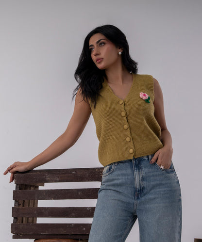 Olive Bloom Buttoned Knit Vest