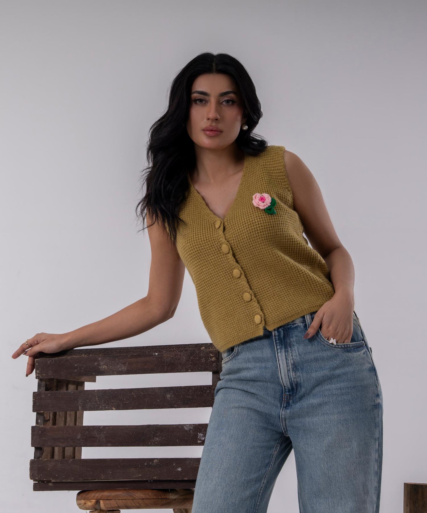 Olive Bloom Buttoned Knit Vest