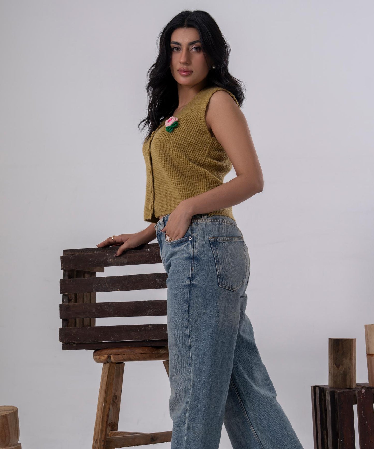 Olive Bloom Buttoned Knit Vest