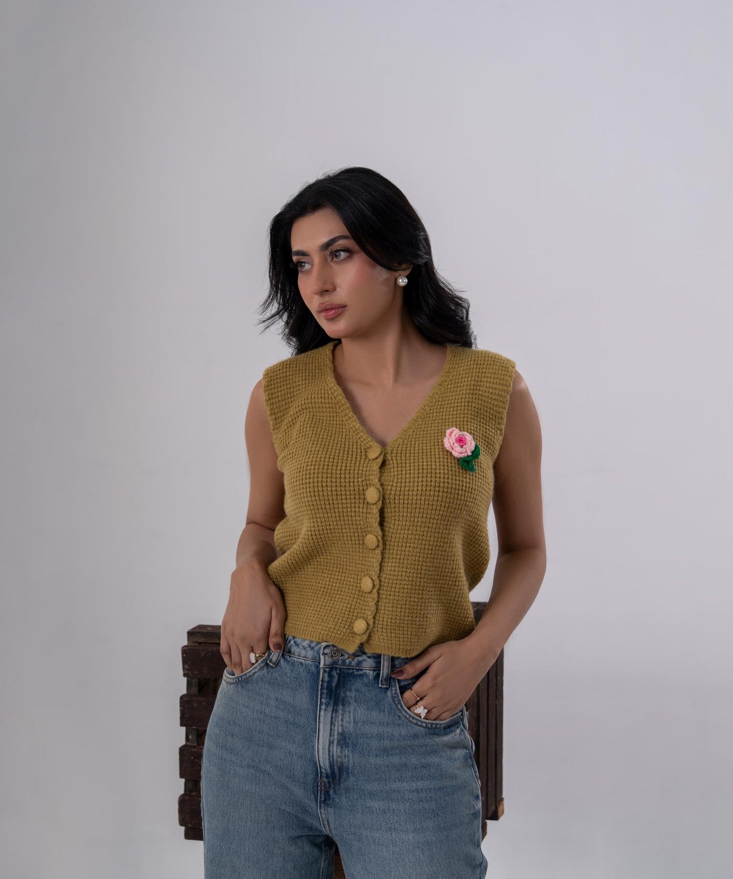 Olive Bloom Buttoned Knit Vest