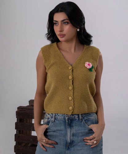 Olive Bloom Buttoned Knit Vest