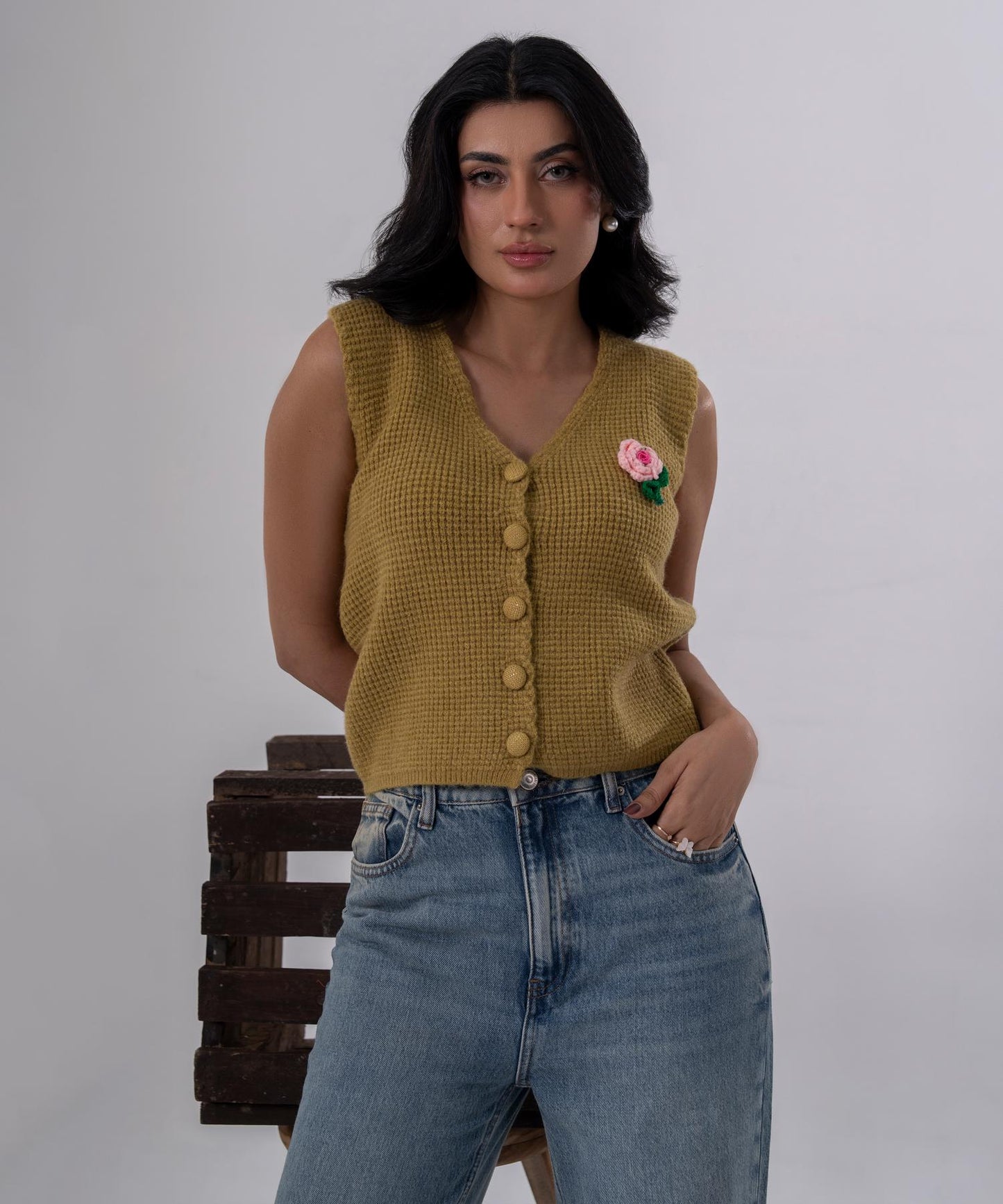Olive Bloom Buttoned Knit Vest