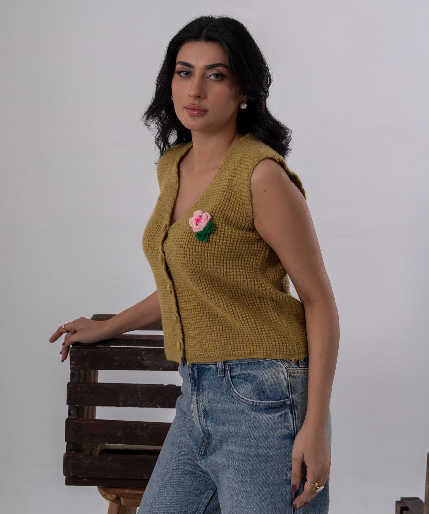 Olive Bloom Buttoned Knit Vest