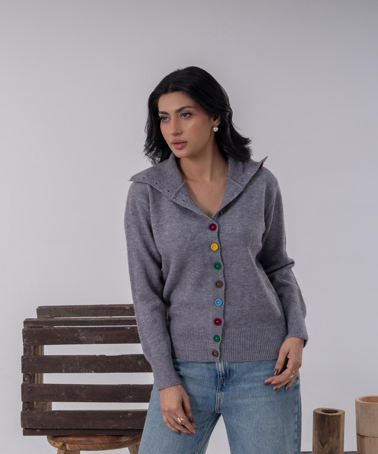 Buttoned Knit Cardigan with High Neck