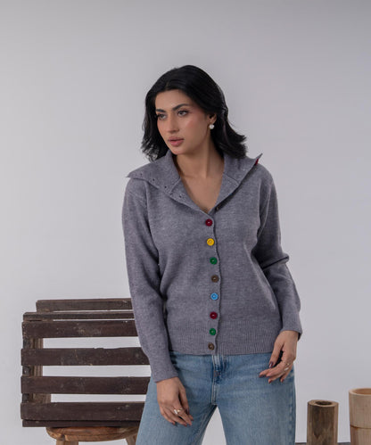 Buttoned Knit Cardigan with High Neck