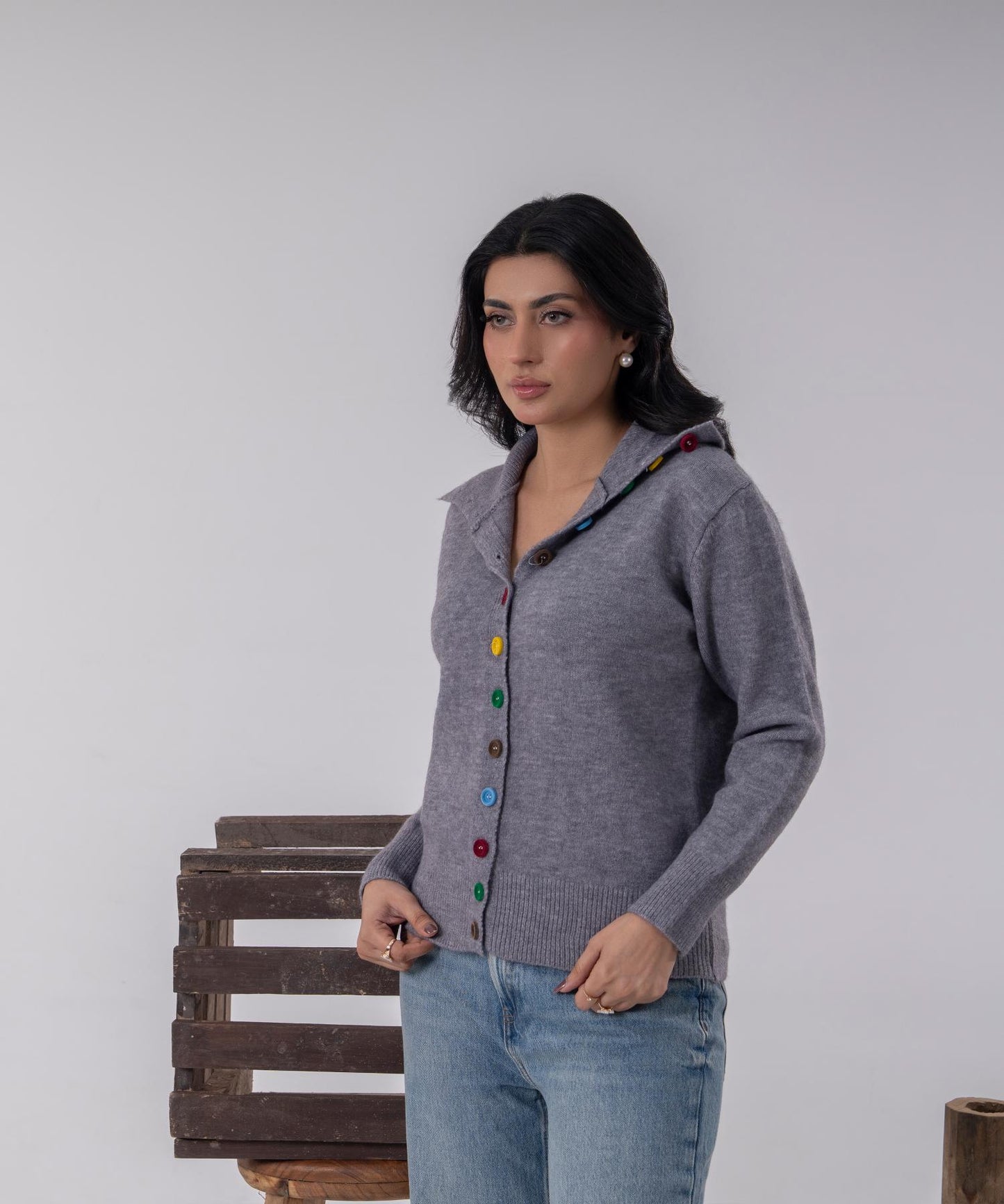 Buttoned Knit Cardigan with High Neck