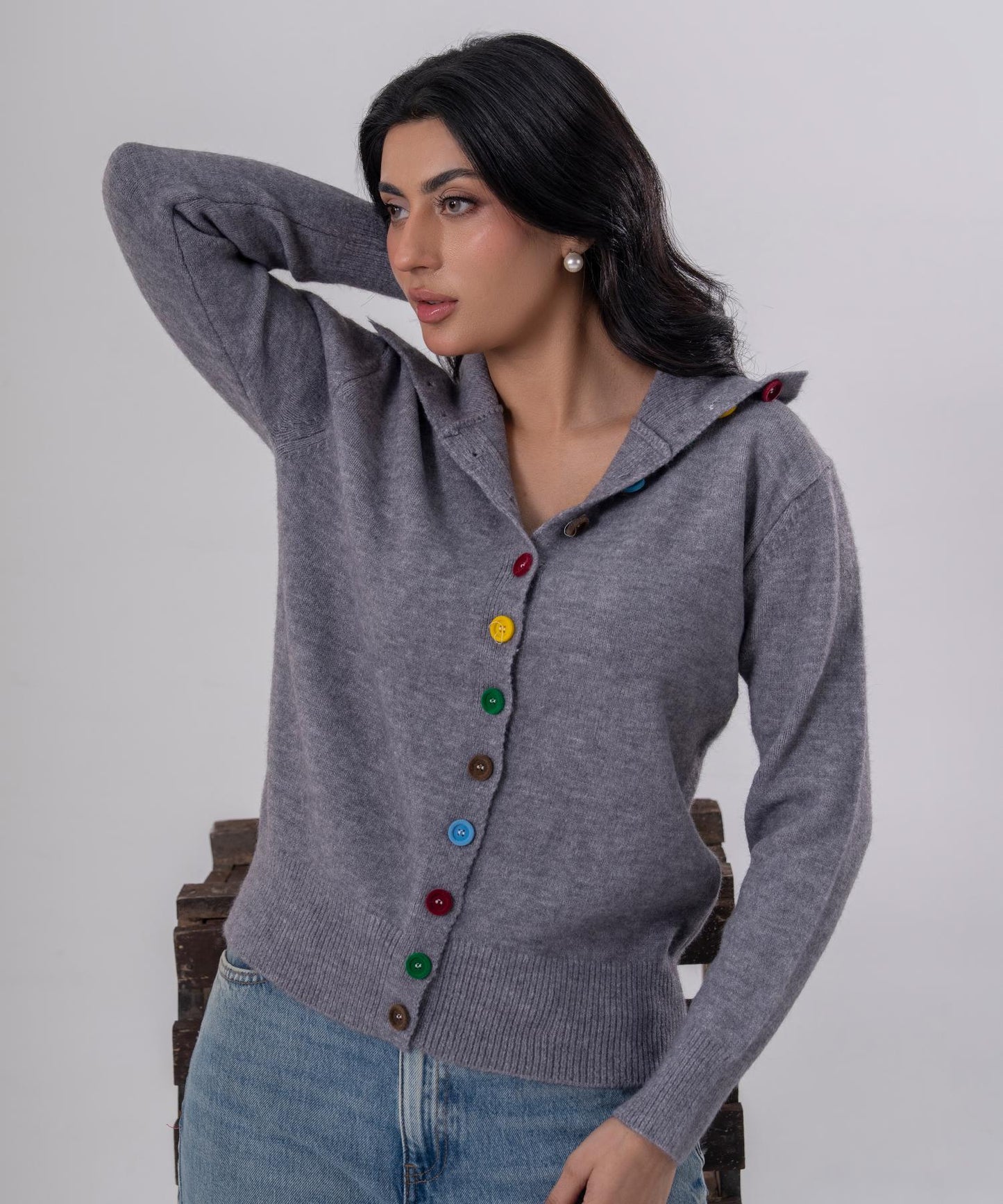 Buttoned Knit Cardigan with High Neck