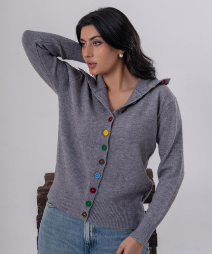Buttoned Knit Cardigan with High Neck