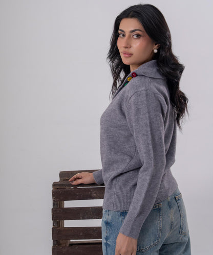 Buttoned Knit Cardigan with High Neck