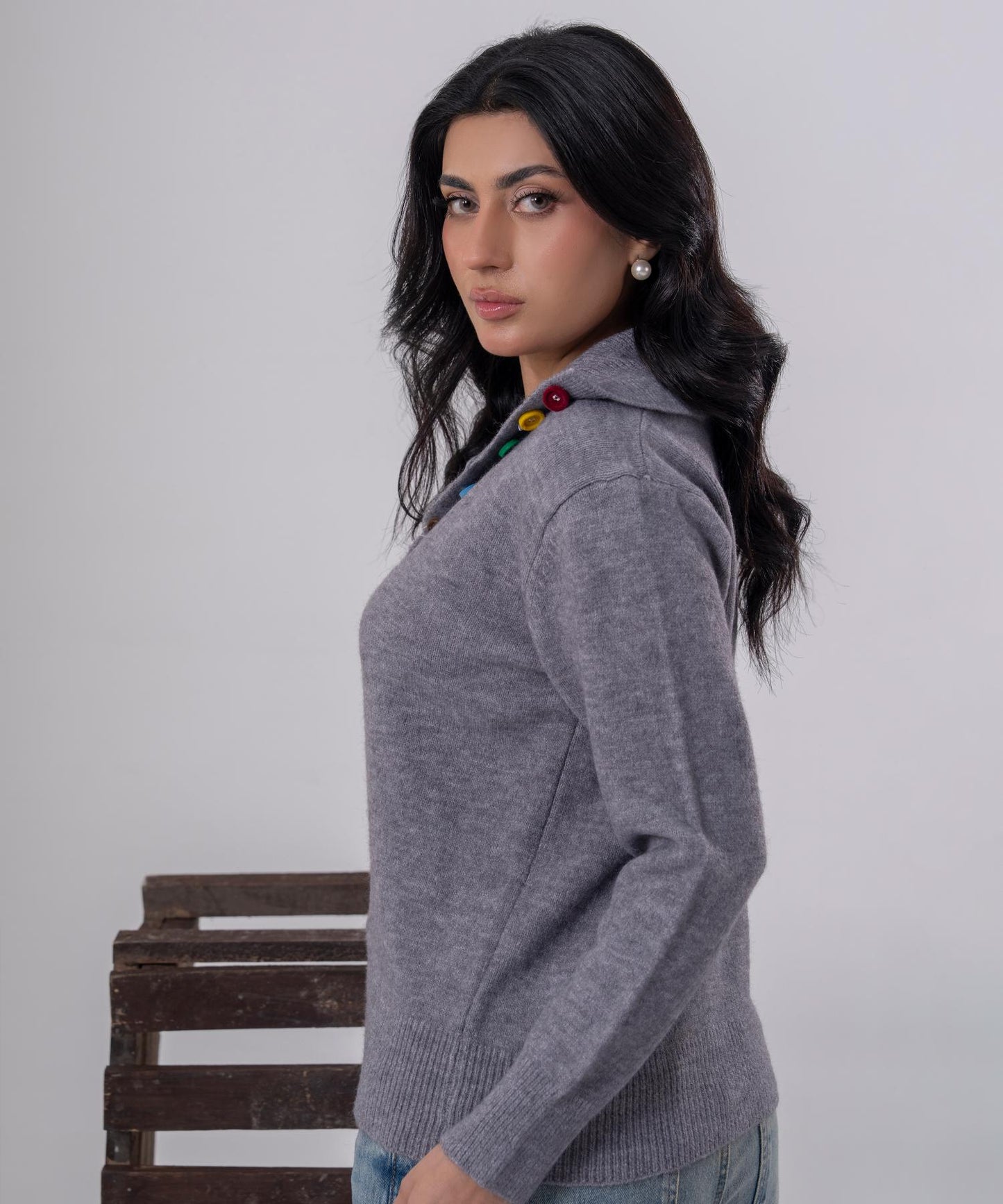 Buttoned Knit Cardigan with High Neck