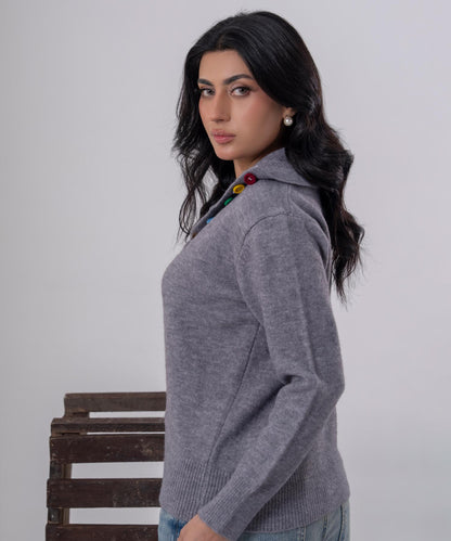 Buttoned Knit Cardigan with High Neck