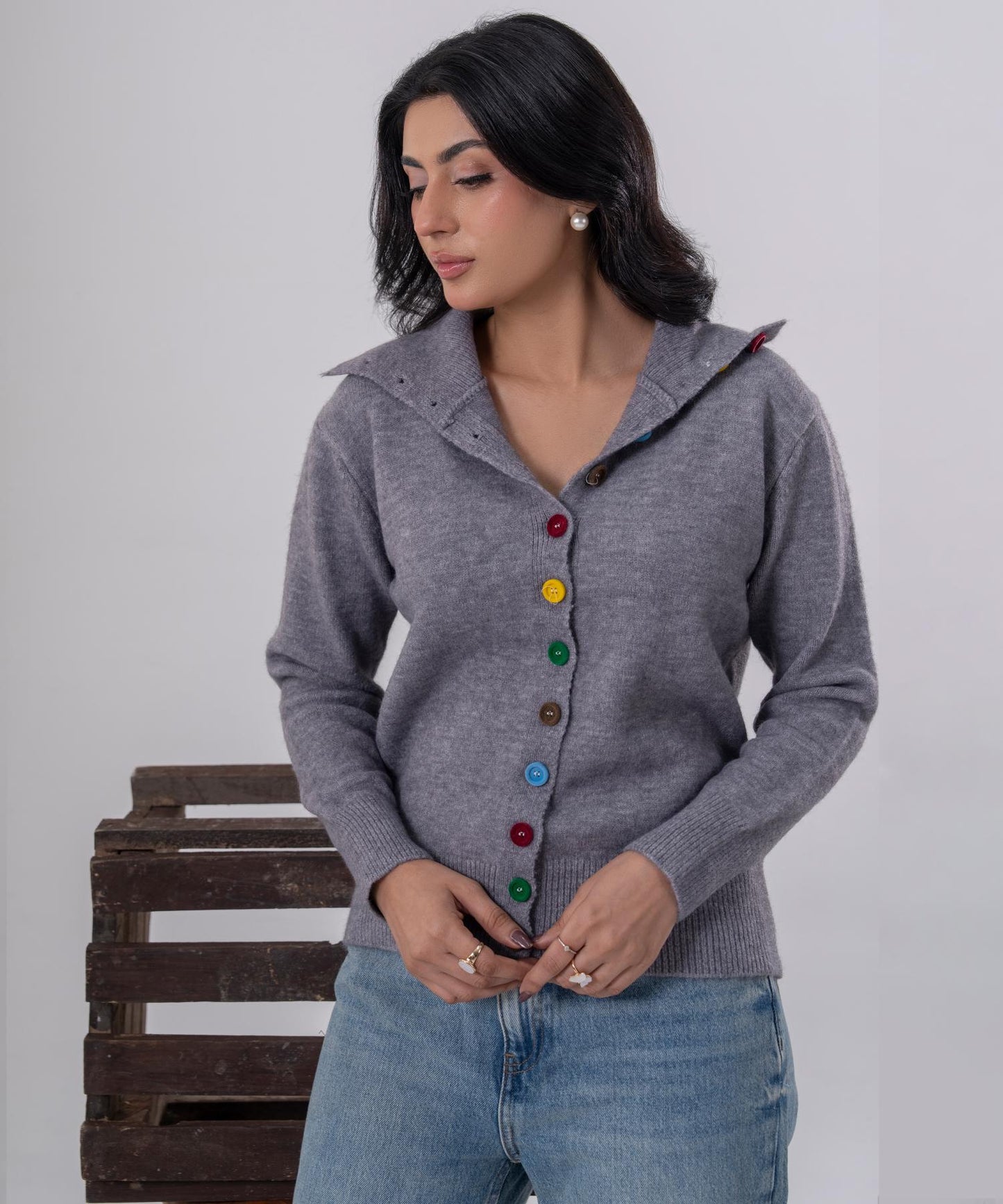 Buttoned Knit Cardigan with High Neck