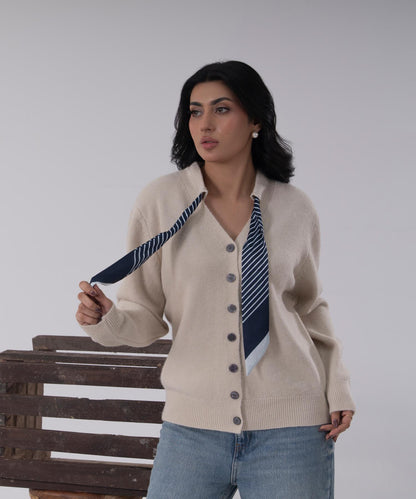 Beige Button-Front Knit Cardigan with Scarf Detail