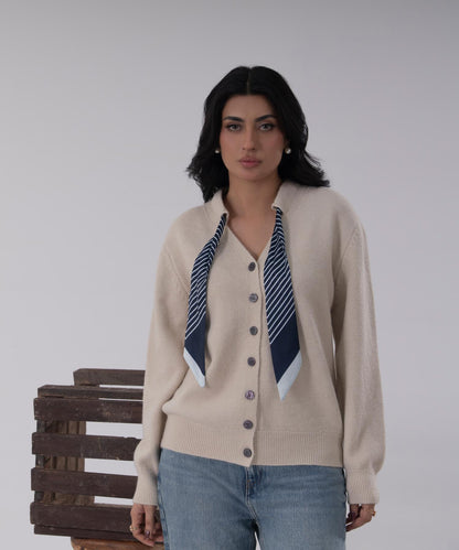 Beige Button-Front Knit Cardigan with Scarf Detail