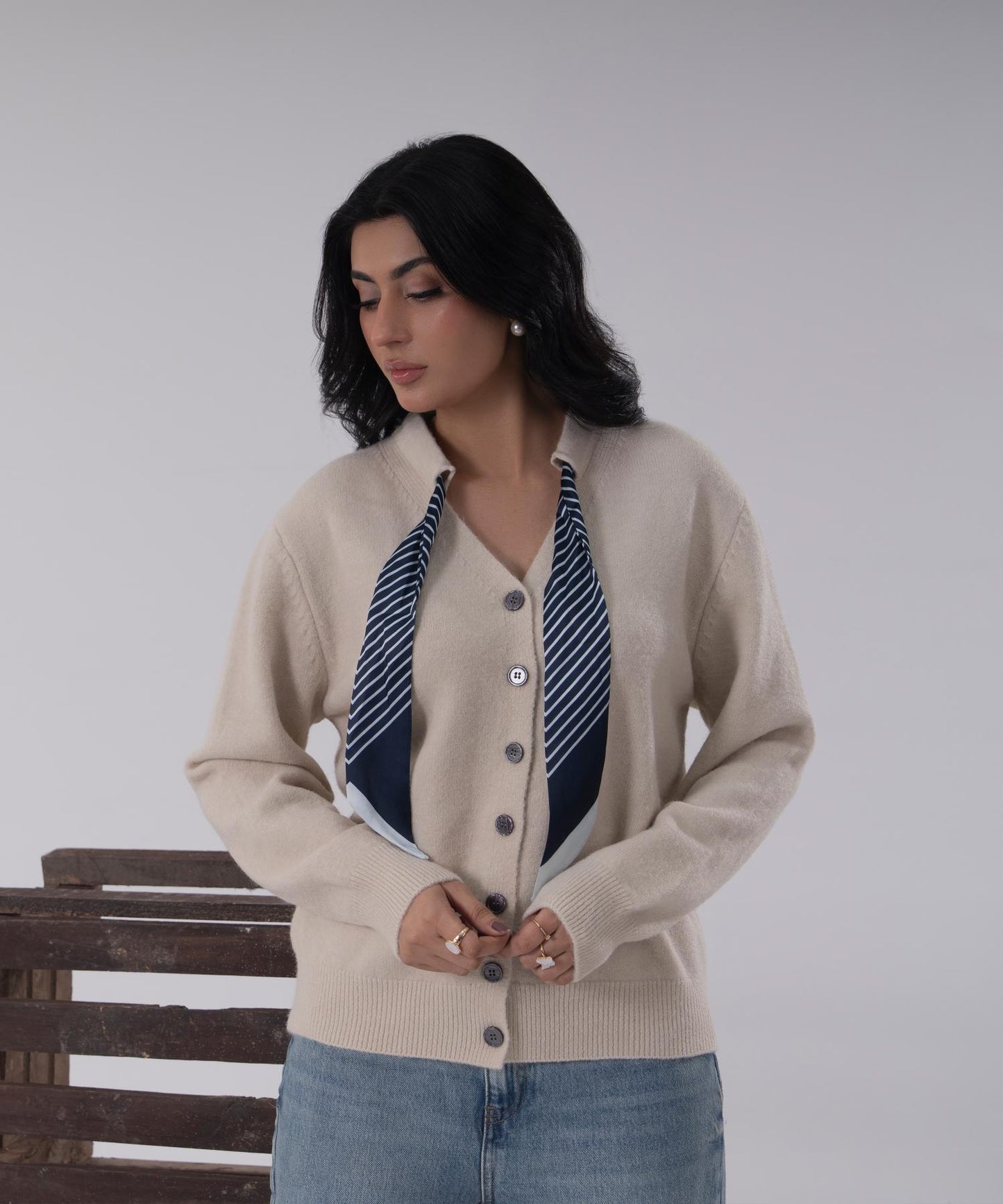 Beige Button-Front Knit Cardigan with Scarf Detail