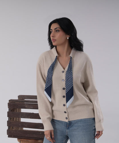 Beige Button-Front Knit Cardigan with Scarf Detail