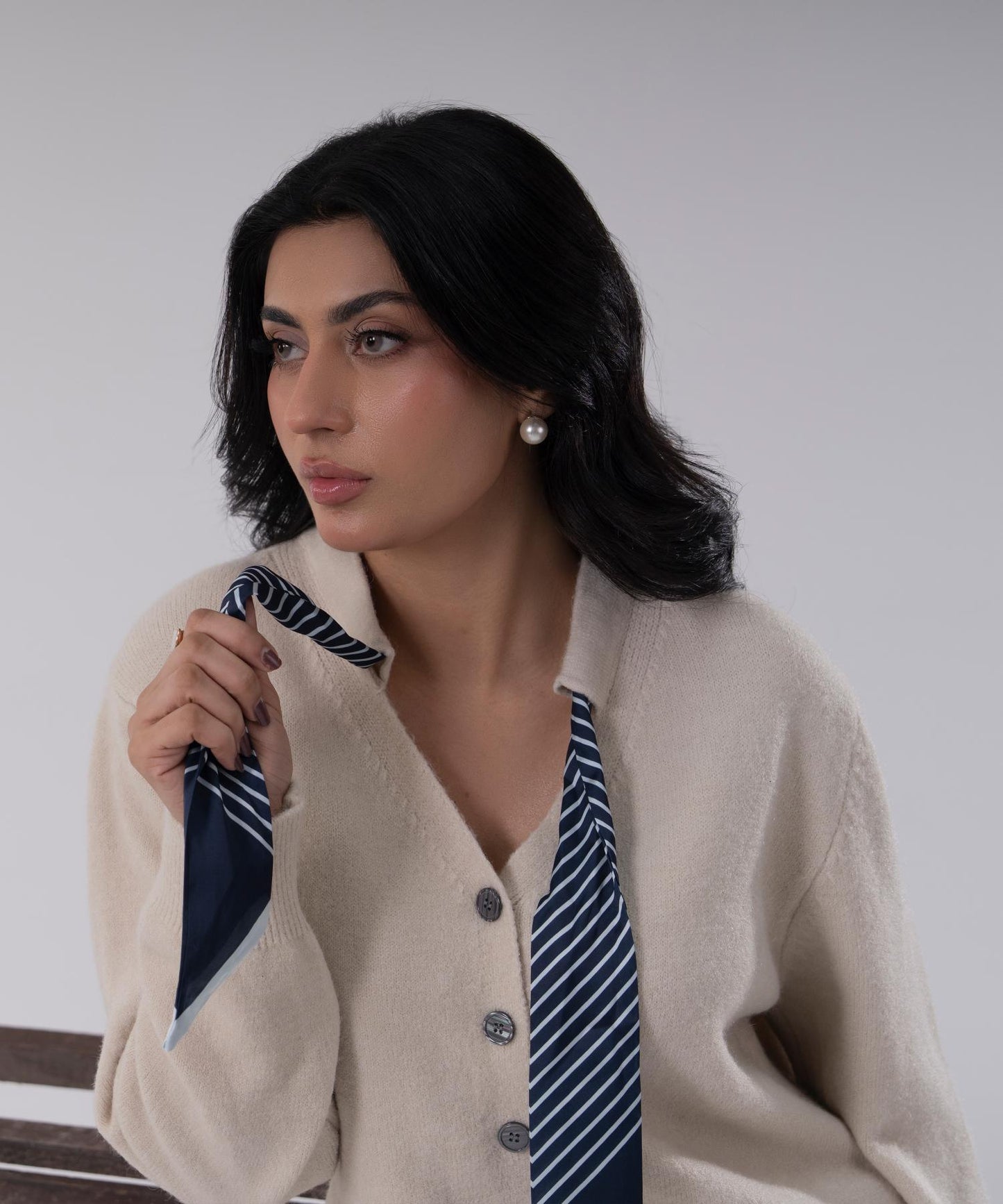 Beige Button-Front Knit Cardigan with Scarf Detail