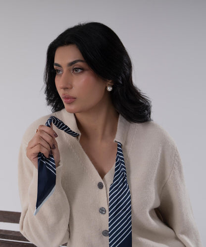 Beige Button-Front Knit Cardigan with Scarf Detail