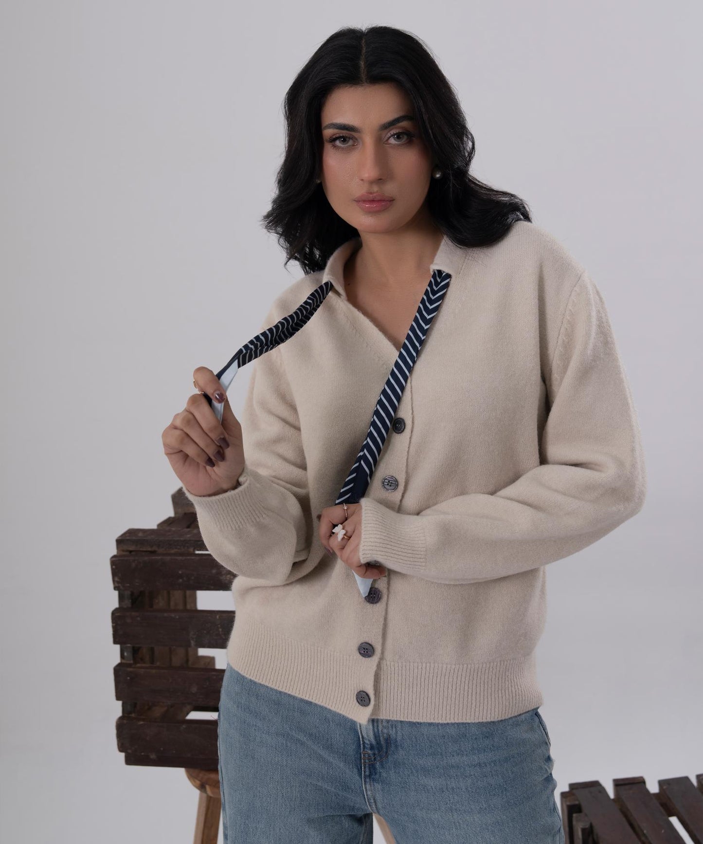 Beige Button-Front Knit Cardigan with Scarf Detail