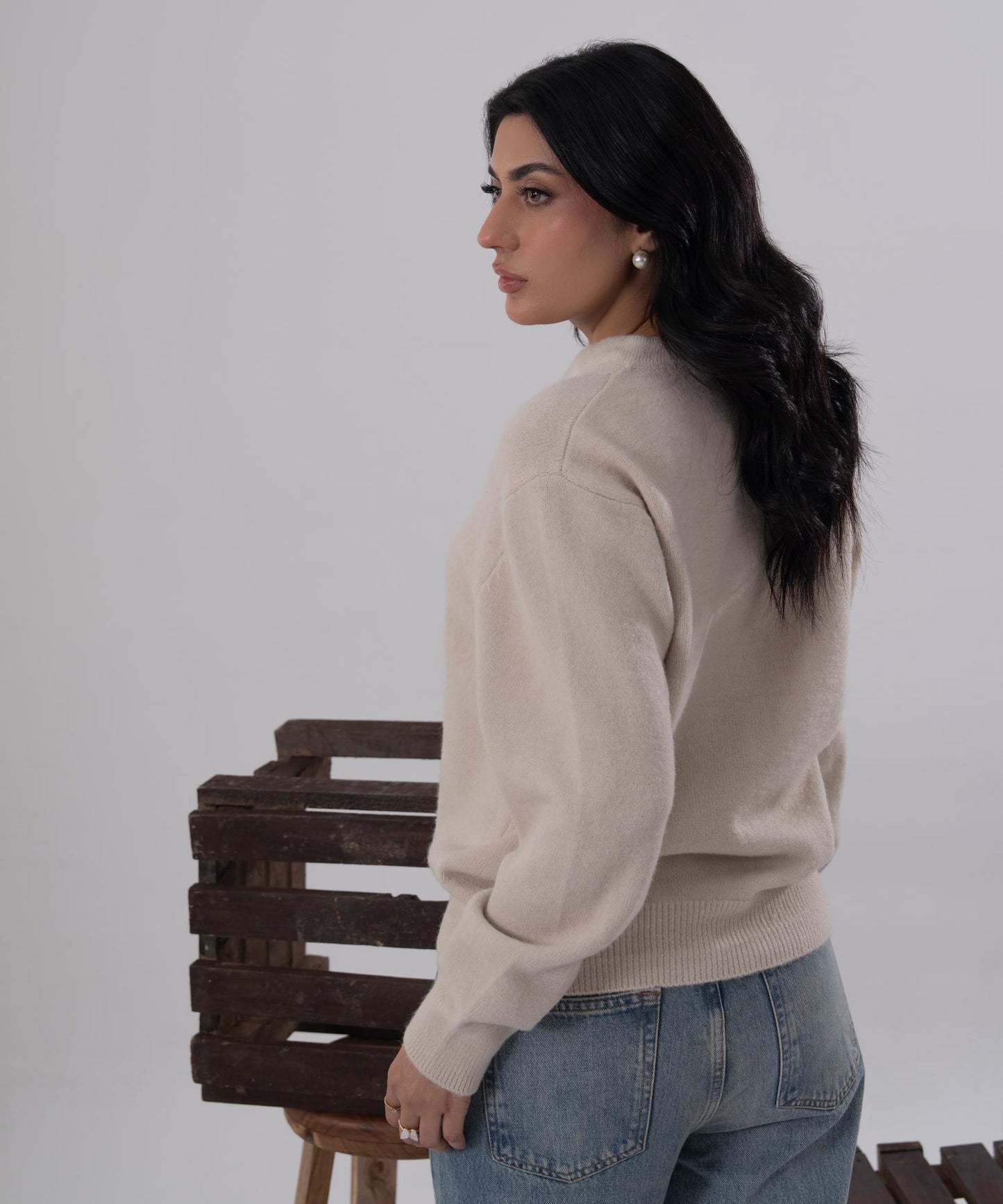 Beige Button-Front Knit Cardigan with Scarf Detail