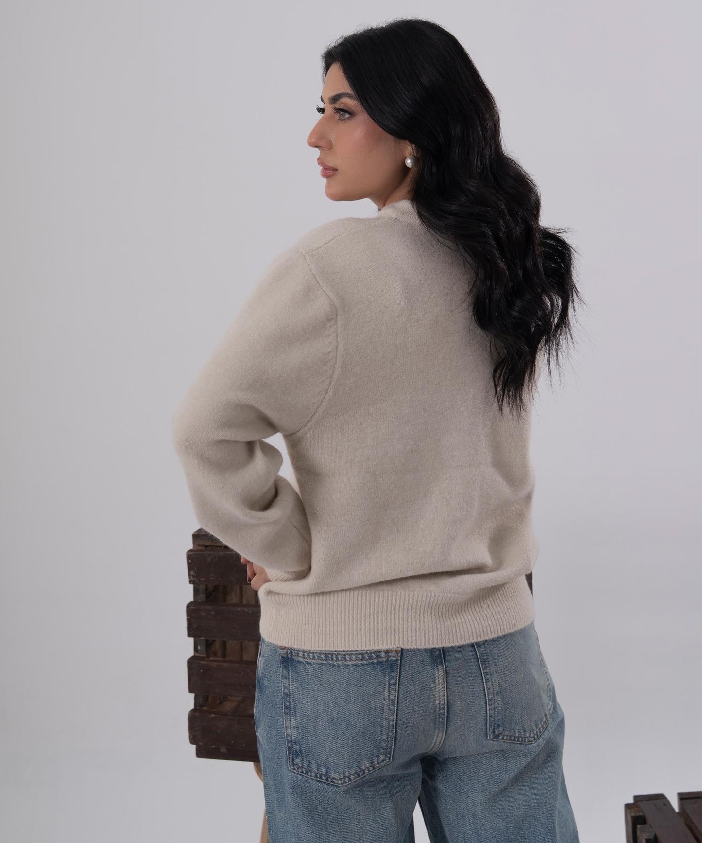 Beige Button-Front Knit Cardigan with Scarf Detail