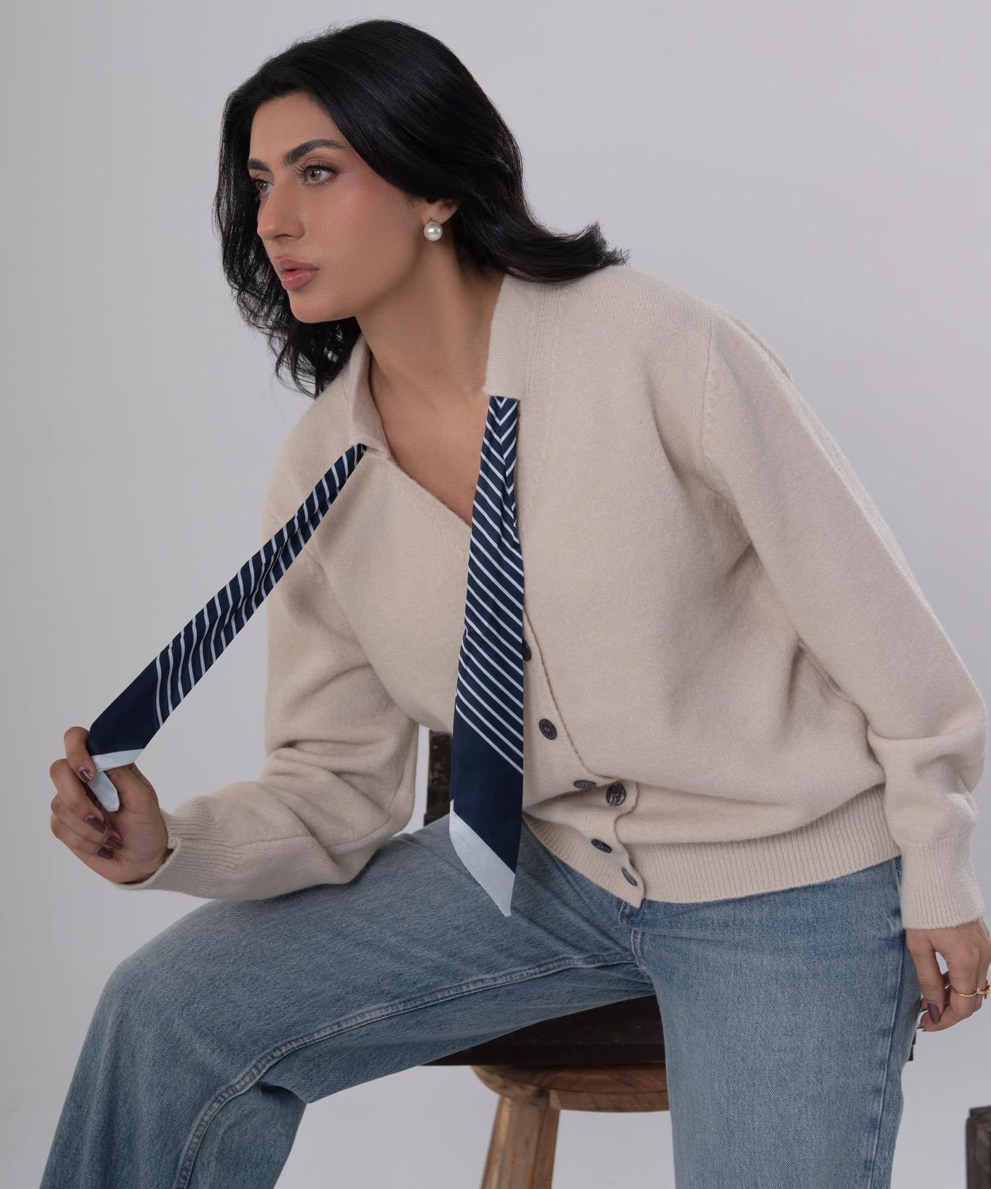 Beige Button-Front Knit Cardigan with Scarf Detail