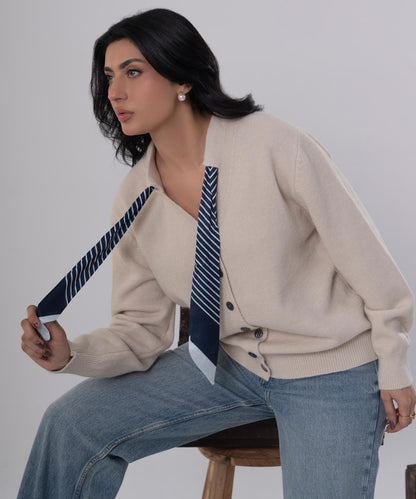 Beige Button-Front Knit Cardigan with Scarf Detail