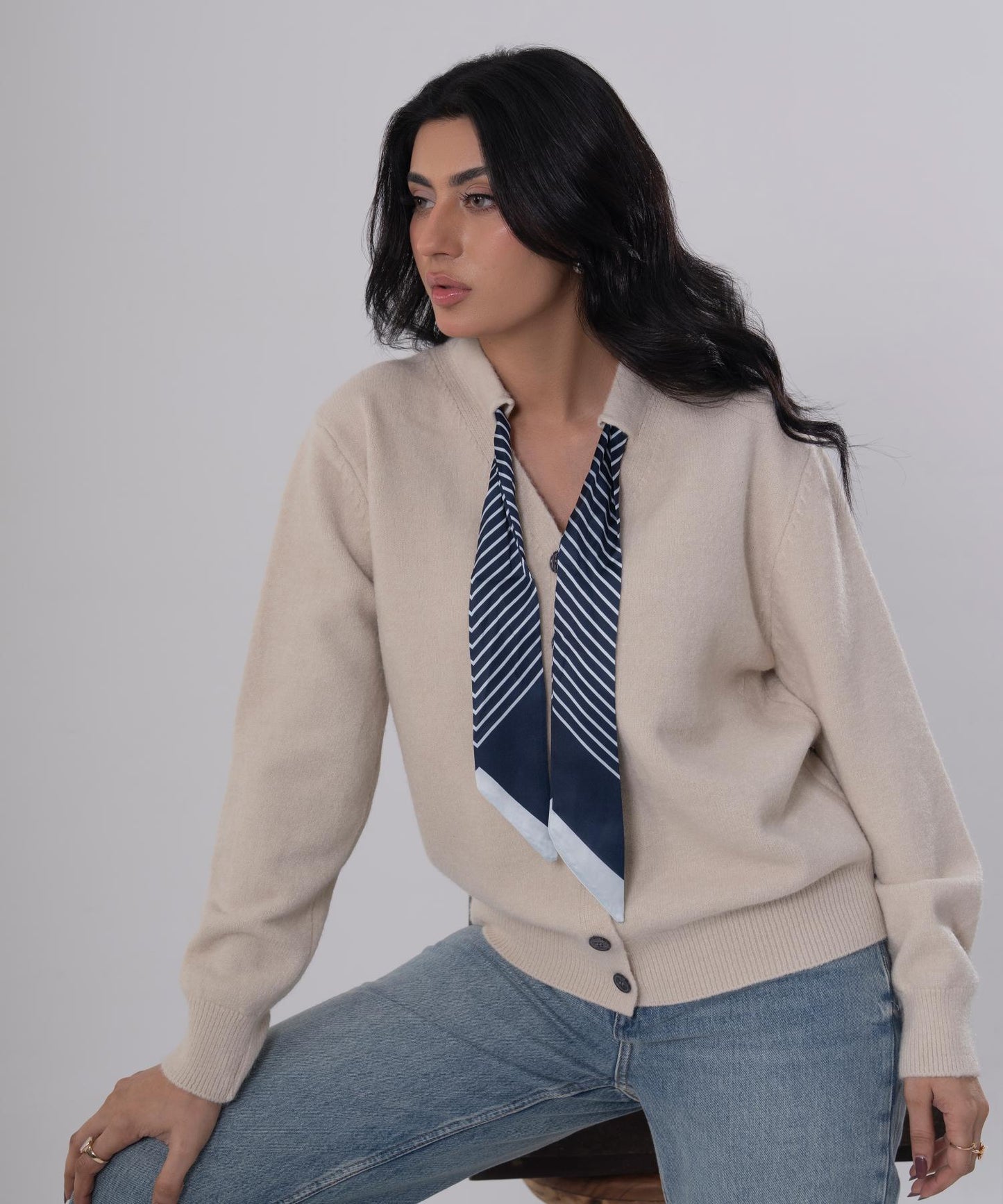 Beige Button-Front Knit Cardigan with Scarf Detail