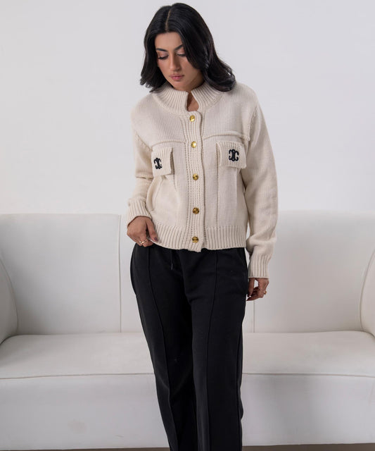 Ivory Knit Button Cardigan with Gold trims
