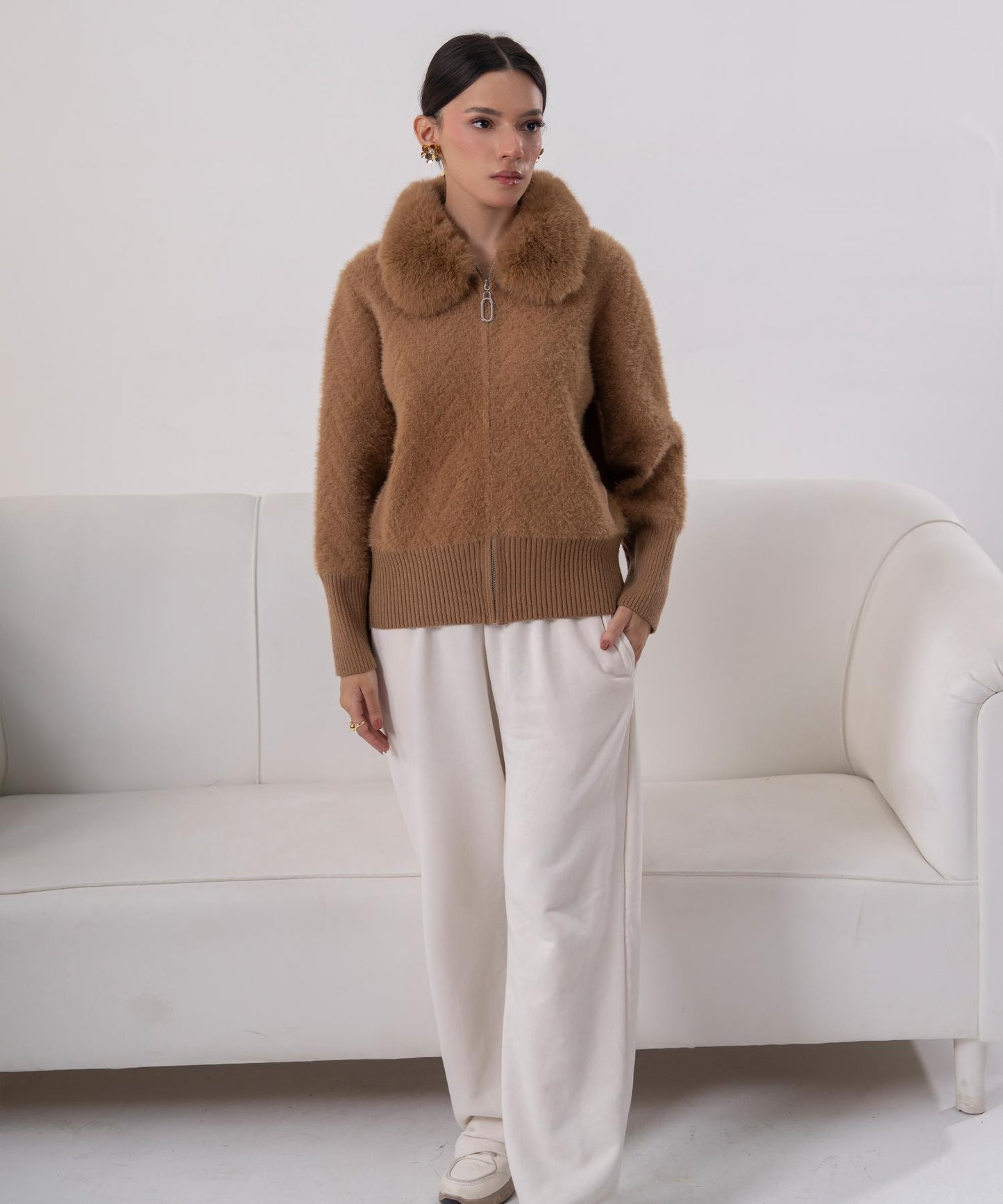 Camel Faux Fur Collar Knit Jacket