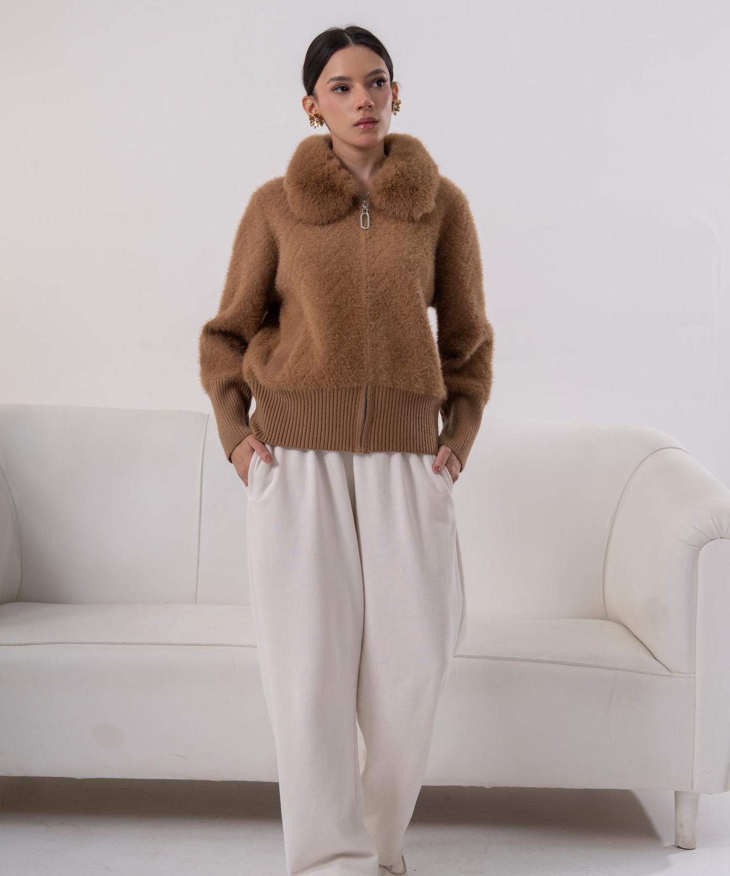 Camel Faux Fur Collar Knit Jacket