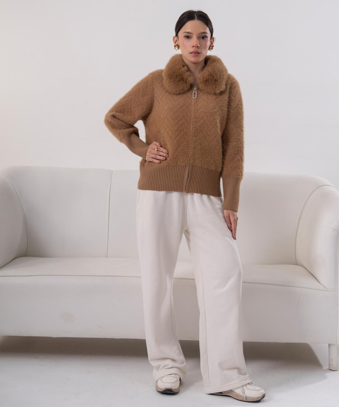 Camel Faux Fur Collar Knit Jacket