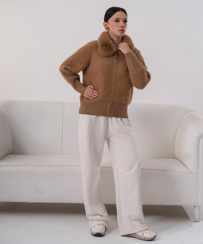Camel Faux Fur Collar Knit Jacket