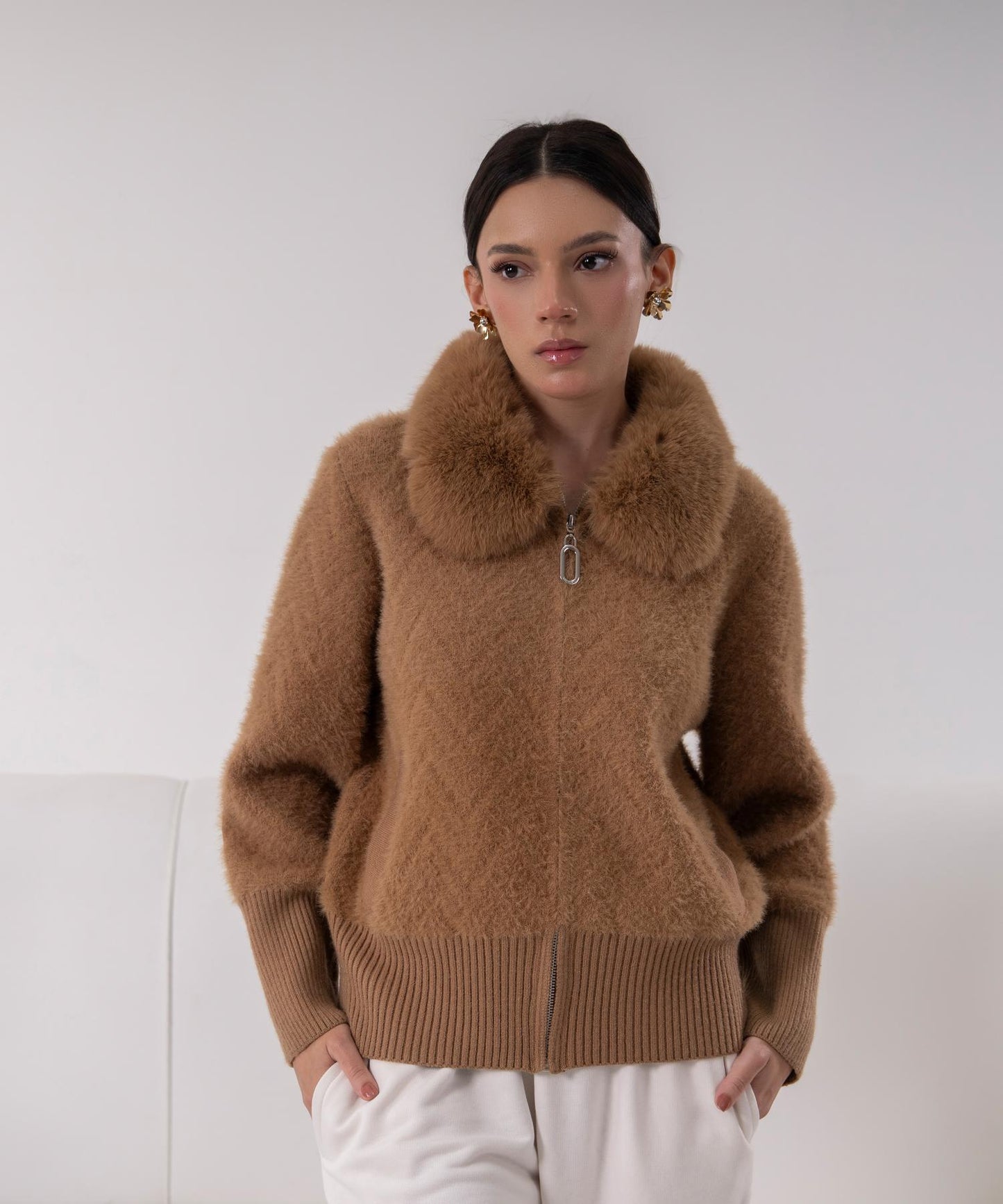 Camel Faux Fur Collar Knit Jacket