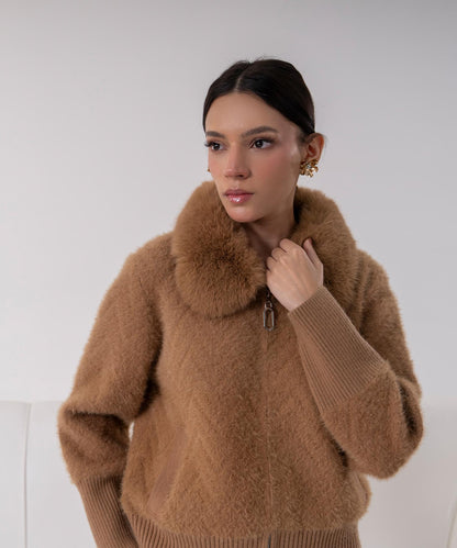 Camel Faux Fur Collar Knit Jacket