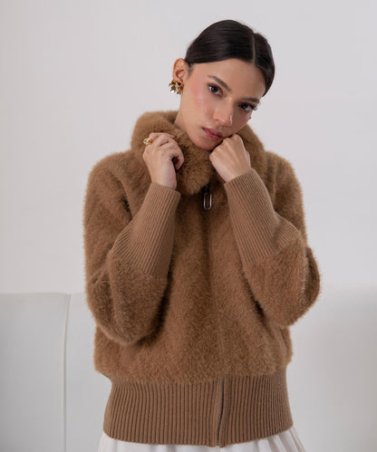 Camel Faux Fur Collar Knit Jacket