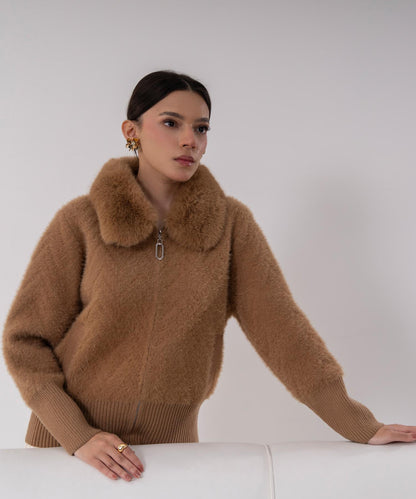 Camel Faux Fur Collar Knit Jacket