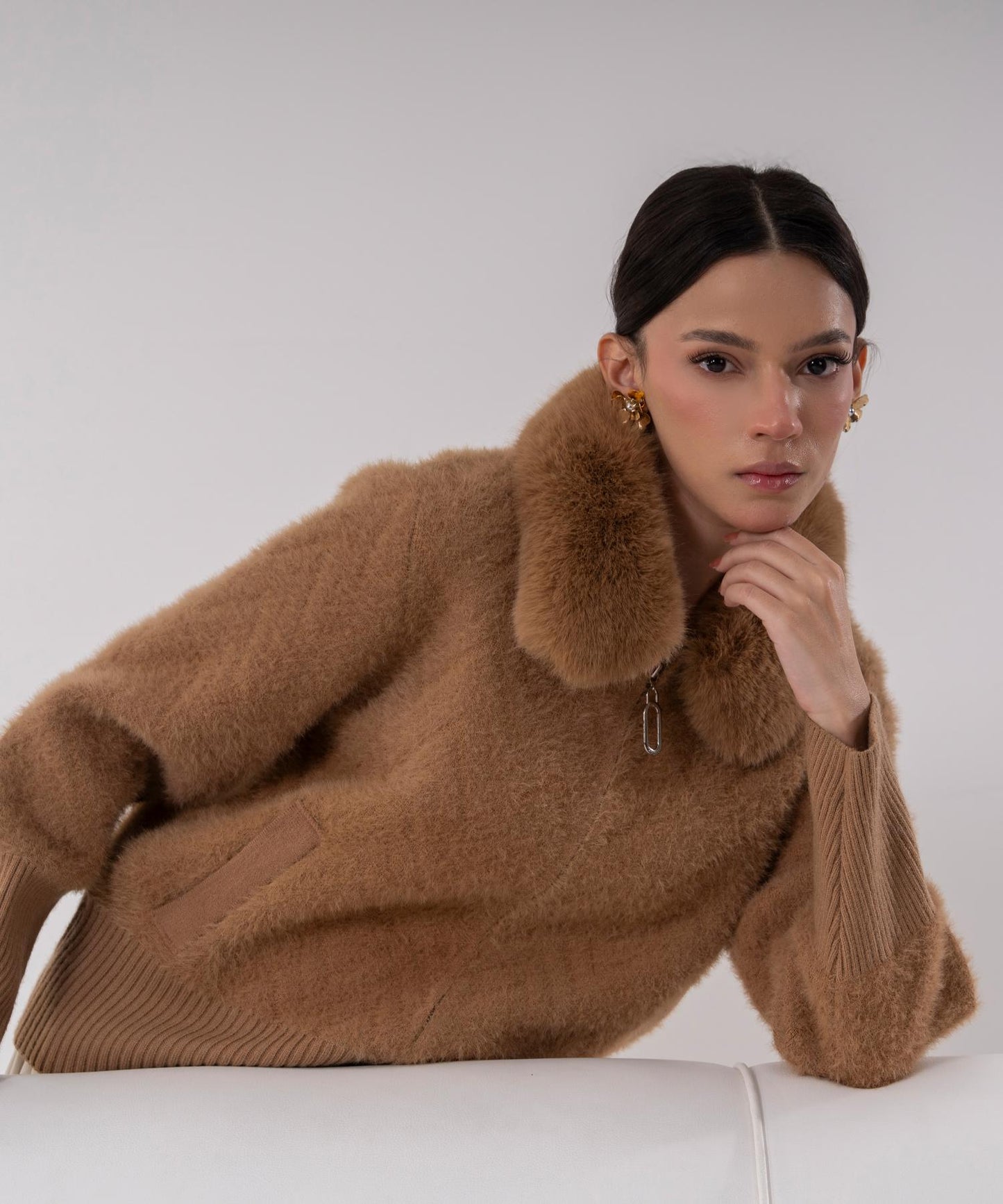 Camel Faux Fur Collar Knit Jacket
