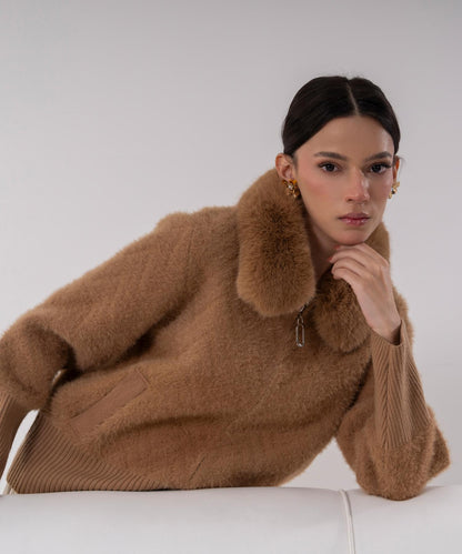 Camel Faux Fur Collar Knit Jacket