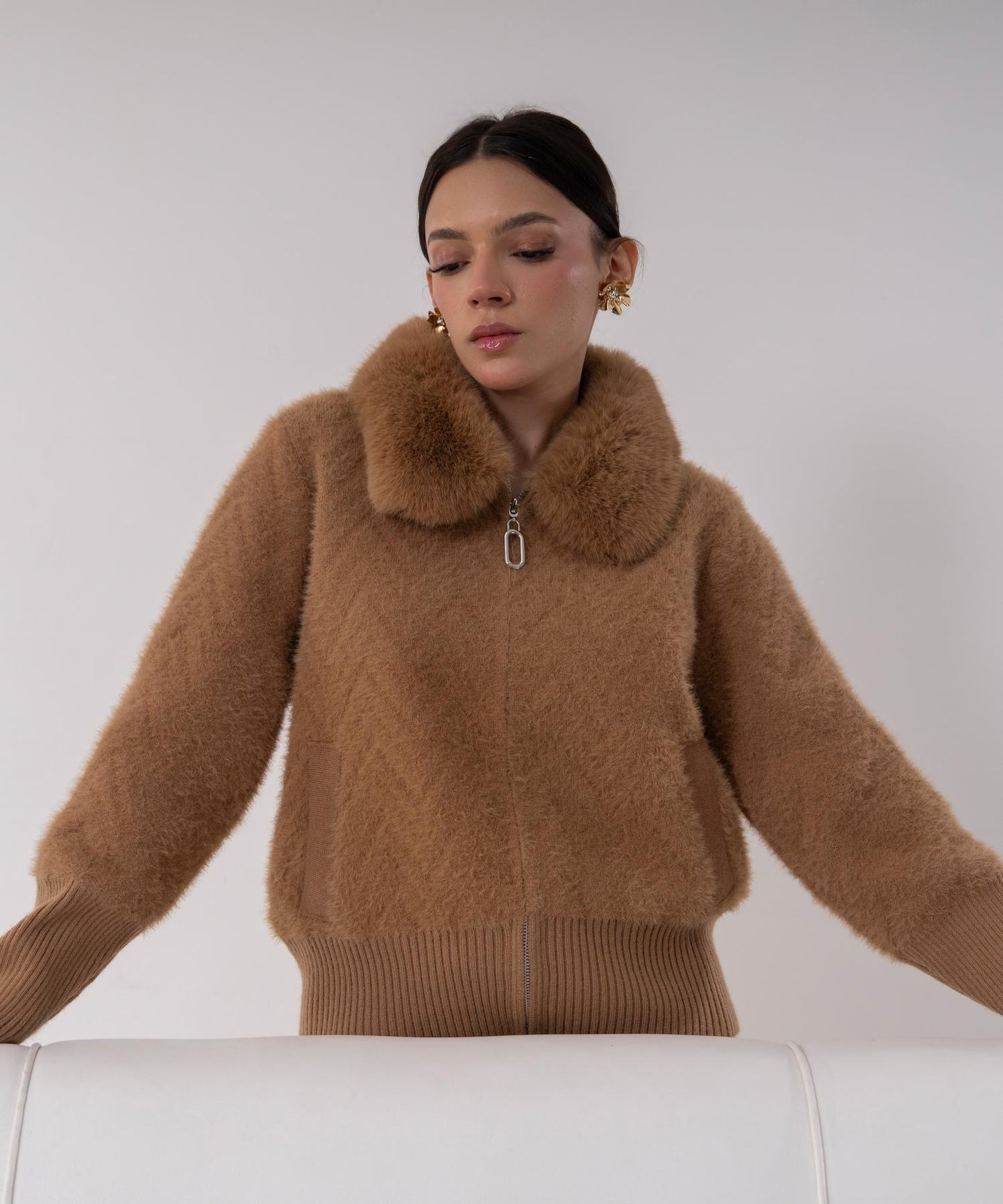 Camel Faux Fur Collar Knit Jacket