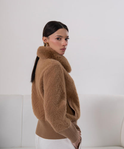 Camel Faux Fur Collar Knit Jacket