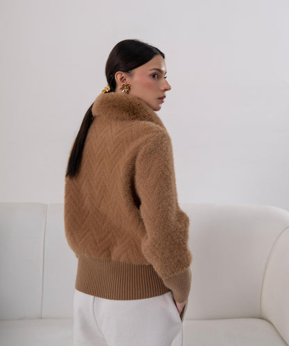 Camel Faux Fur Collar Knit Jacket