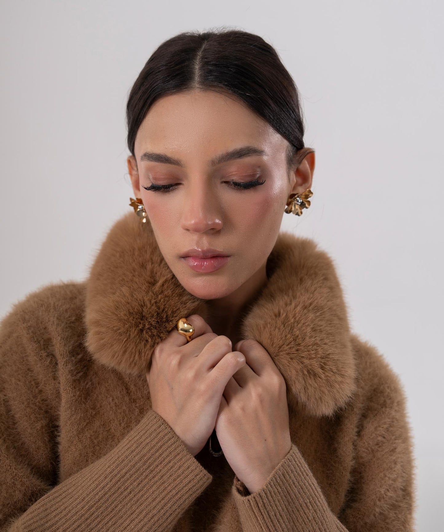 Camel Faux Fur Collar Knit Jacket