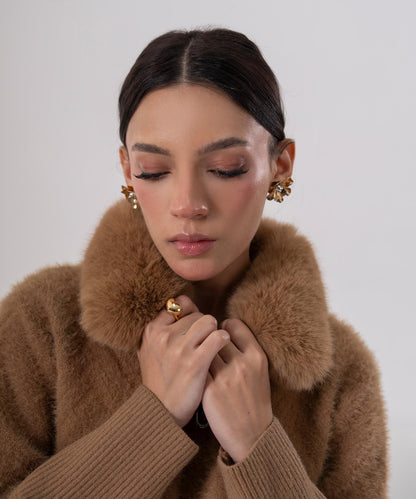 Camel Faux Fur Collar Knit Jacket