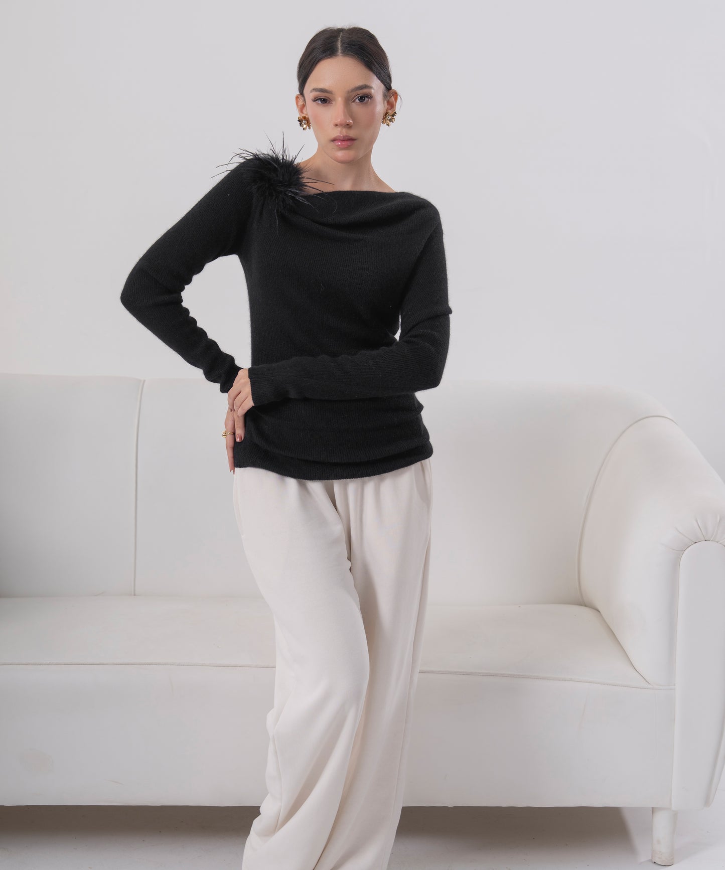 One-Shoulder Feather Accent Knit Top