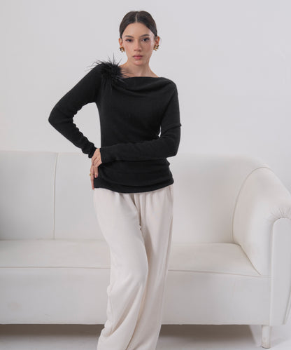 One-Shoulder Feather Accent Knit Top